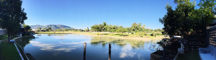 Scenic view of lake against clear blue sky