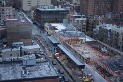 High angle view of street amidst buildings in city