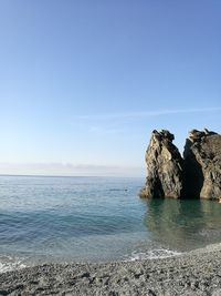 Scenic view of sea against clear blue sky