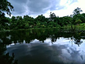 Scenic view of lake against cloudy sky