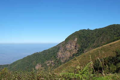 Scenic view of mountains against clear blue sky