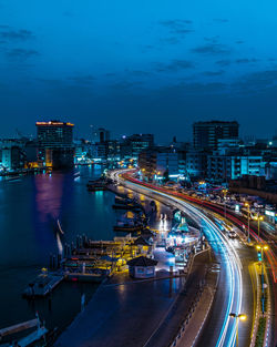 High angle view of illuminated city at night