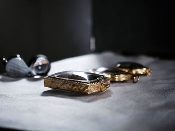 High angle view of wedding rings on table
