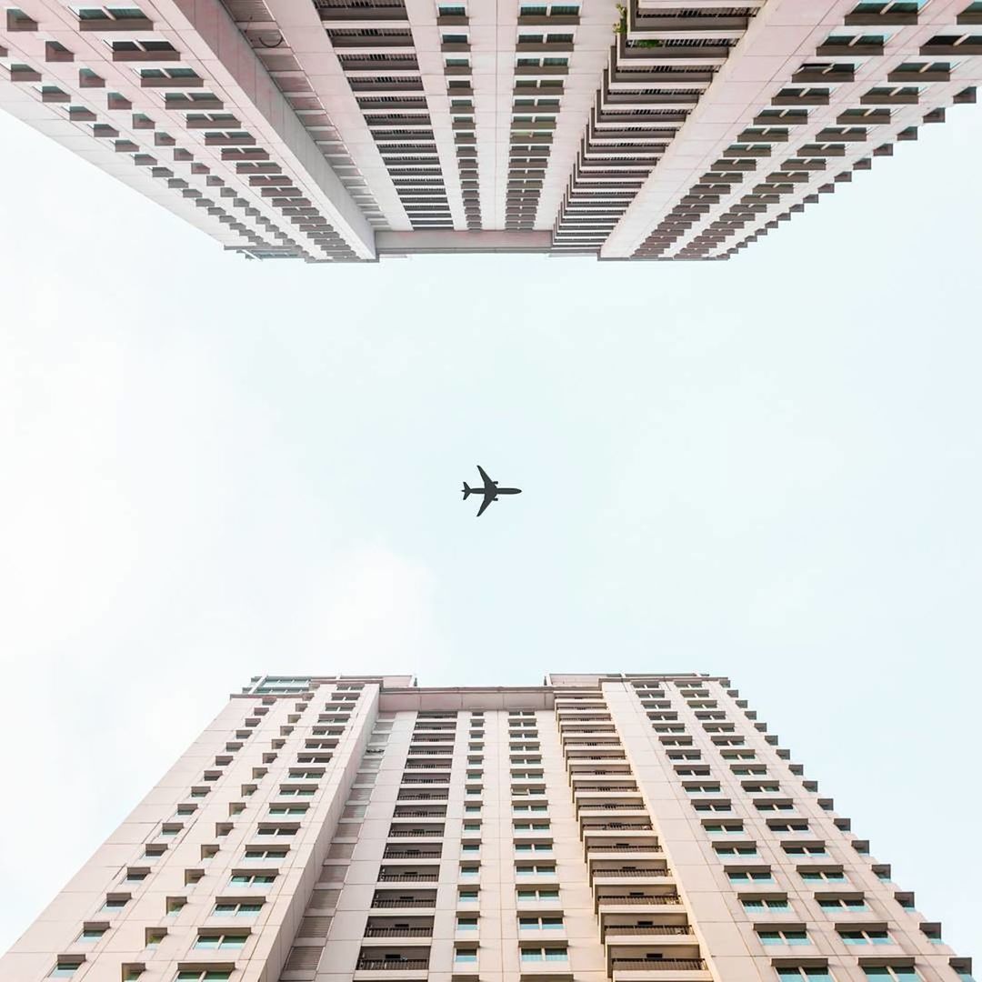 architecture, flying, built structure, building exterior, skyscraper, office building exterior, city, building, sky, low angle view, air vehicle, mid-air, airplane, no people, day, nature, animal themes, transportation, outdoors, office, bird, animal, travel, tower block, tower, business, ceiling, mode of transportation