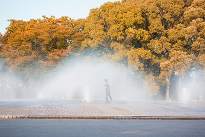 Woman standing by fountain against trees during autumn
