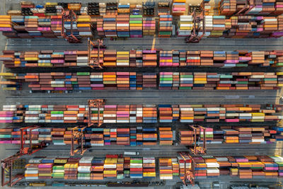 Aerial view of shipping containers at dock