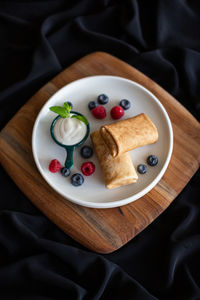 High angle view of food in plate on table