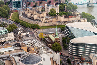 High angle view of buildings in city