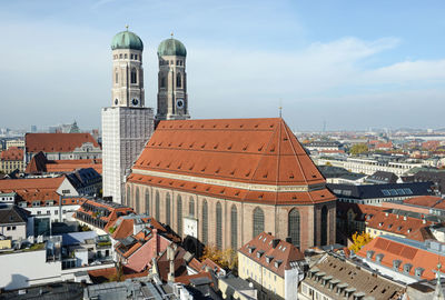 High angle view of munich cathedral at marienplatz against sky