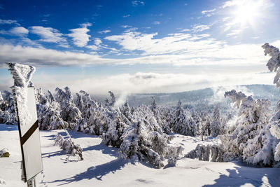 Snow covered landscape against sky