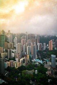 High angle view of buildings in city against sky