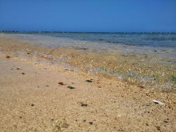 Surface level of beach against clear sky