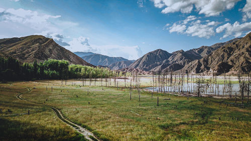 Scenic view of field and mountains against sky