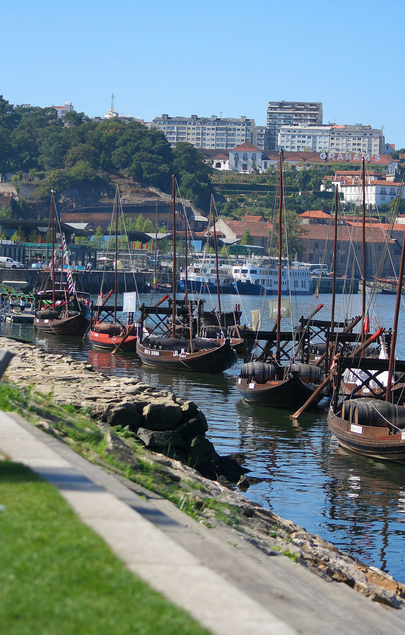 water, clear sky, transportation, nautical vessel, mode of transport, moored, built structure, building exterior, boat, architecture, blue, river, harbor, sunlight, day, copy space, outdoors, sky, no people, sea