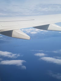 Airplane wing against cloudy sky