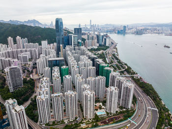 High angle view of buildings in city