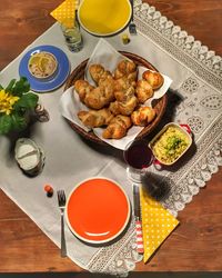 High angle view of breakfast served on table