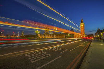 Light trails on road at night