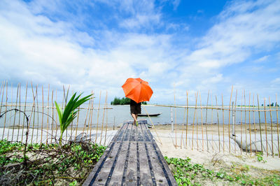 Rear view of person with umbrella on beach