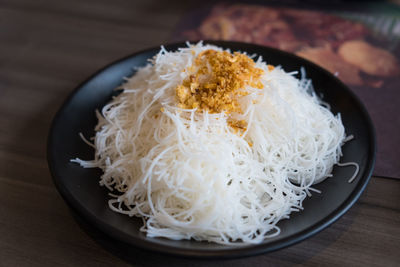 High angle view of noodles in bowl on table