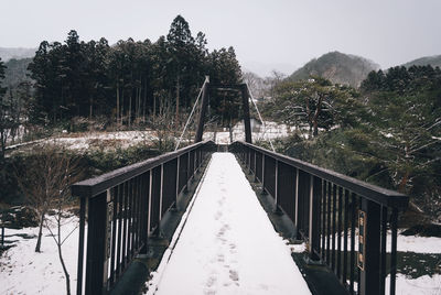 Footbridge amidst trees against sky during winter