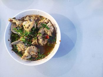 High angle view of food in bowl on table