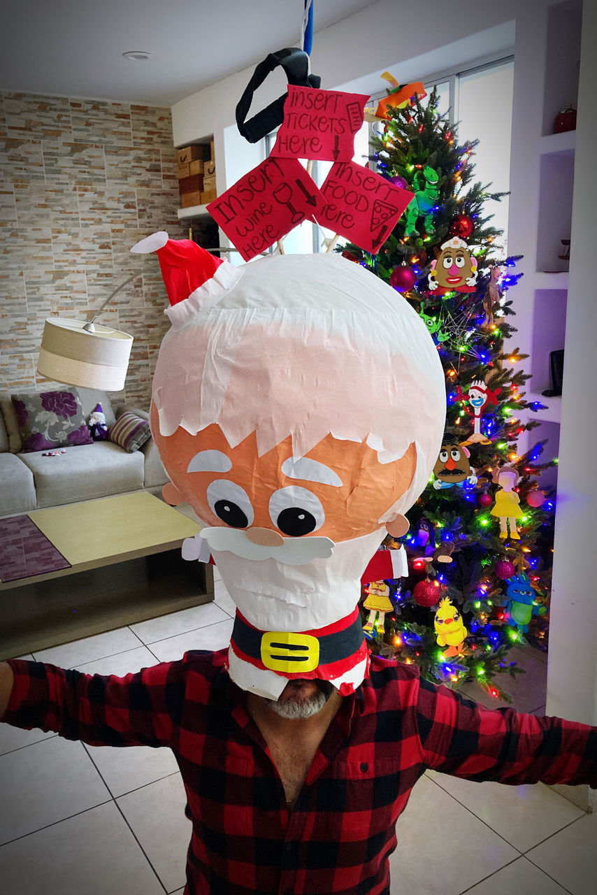 celebration, one person, disguise, mask, christmas, fun, mask - disguise, obscured face, indoors, humor, men, art, childhood, holiday, child, costume, portrait, mascot, clothing, emotion, front view, red, decoration, standing