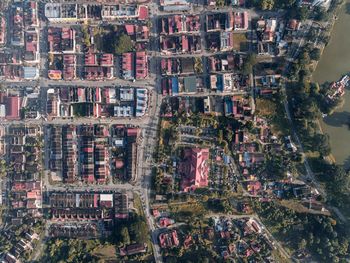 High angle view of street and buildings in town