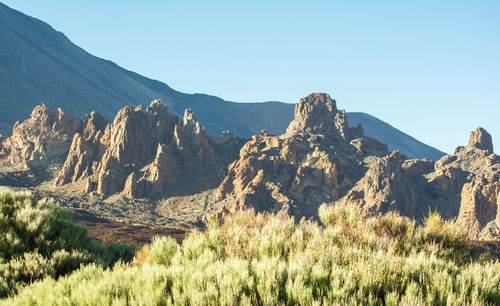 Panoramic view of mountains against clear sky