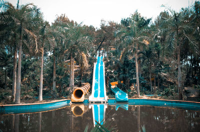 Reflection of trees in swimming pool