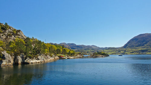 Scenic view of river by mountains against clear blue sky