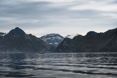 Scenic view of lake and mountains against sky