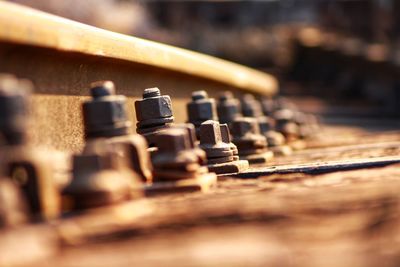 Close-up of rusty metal on railroad track