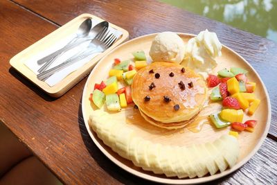 Close-up of dessert served on table