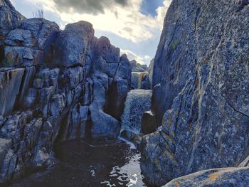 Rock formations in water against sky