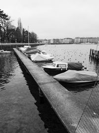 Boats moored at harbor by lake against sky