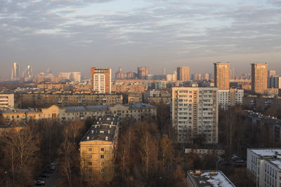 High angle view of residential buildings in moscow city against sky