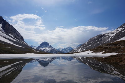 Scenic view of lake and snowcapped mountains against sky