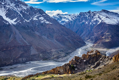 Scenic view of snowcapped mountains against sky