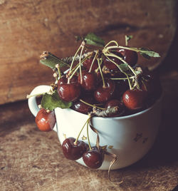 Close-up of cherries on table