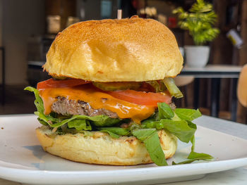 Close-up of burger in plate