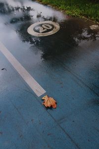 High angle view of wet puddle on street