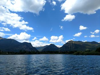 Scenic view of lake by mountains against sky