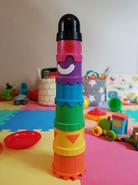 Close-up of colorful toys on table