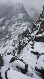 Close-up of snow on mountain against sky