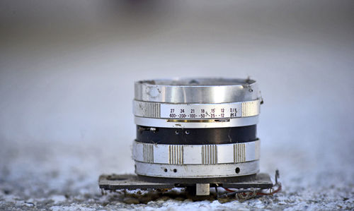 Close-up of abandoned camera lens on field