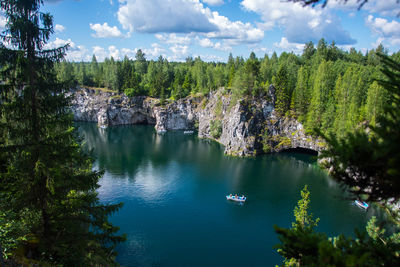 High angle view of boats in river