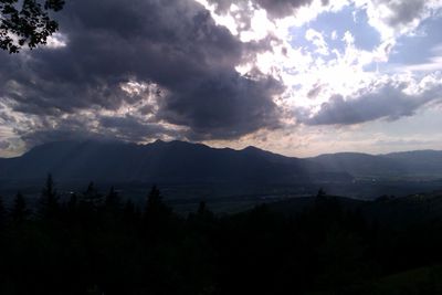 Scenic view of mountains against cloudy sky