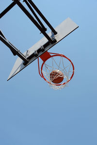 Basketball hitting the backboard net against clear blue sky