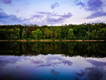 Reflection of trees in lake against sky